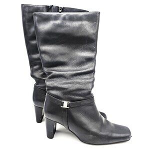 Women’s Black Leather Upper Knee-High Boots Size 8.5M Block Heel Side Zip